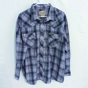 Wrangler Mens Western Casual Plaid Button Up Shirt Plaid Blue Cotton Blend 2XL